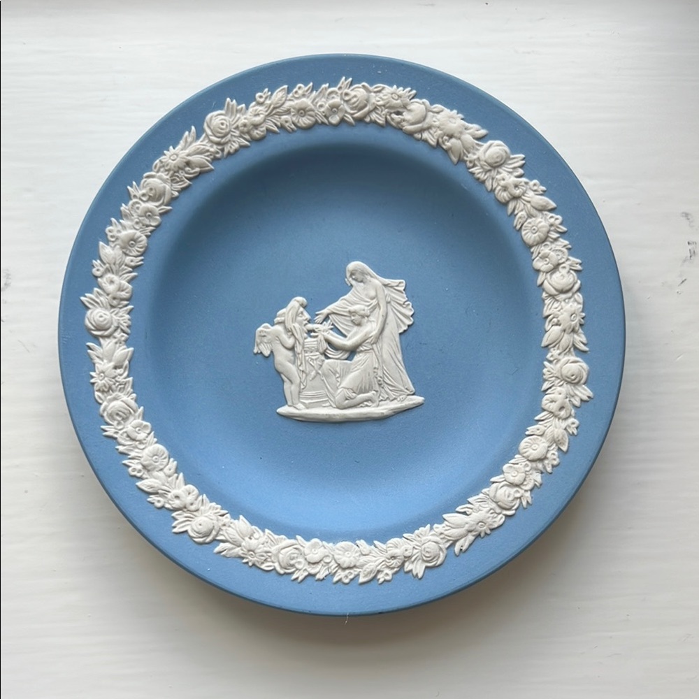 Wedgwood Blue Jasperware Trinket Dish with White Border and Cupid wearing a mask
